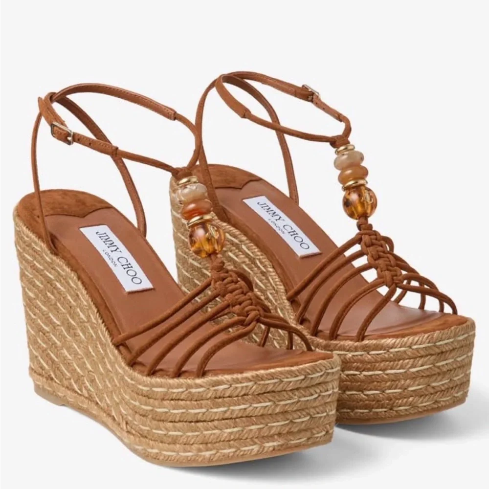 Jimmy Choo Tan Lemi Woven Platform Wedge Sandals 38 NIB - Picture 1 of 5